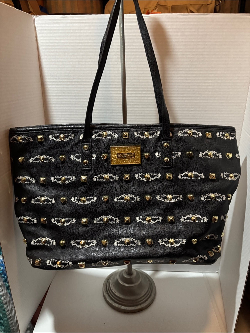 Betsy Johnson Black Studded Tote Bag with Gold Plaque